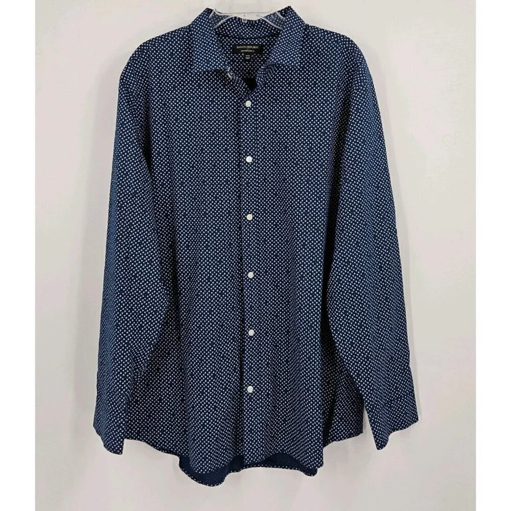 Banana Republic Mens Sz XXL Shirt Non Iron Slim Fit Navy Blue Floral Lng Sleeve